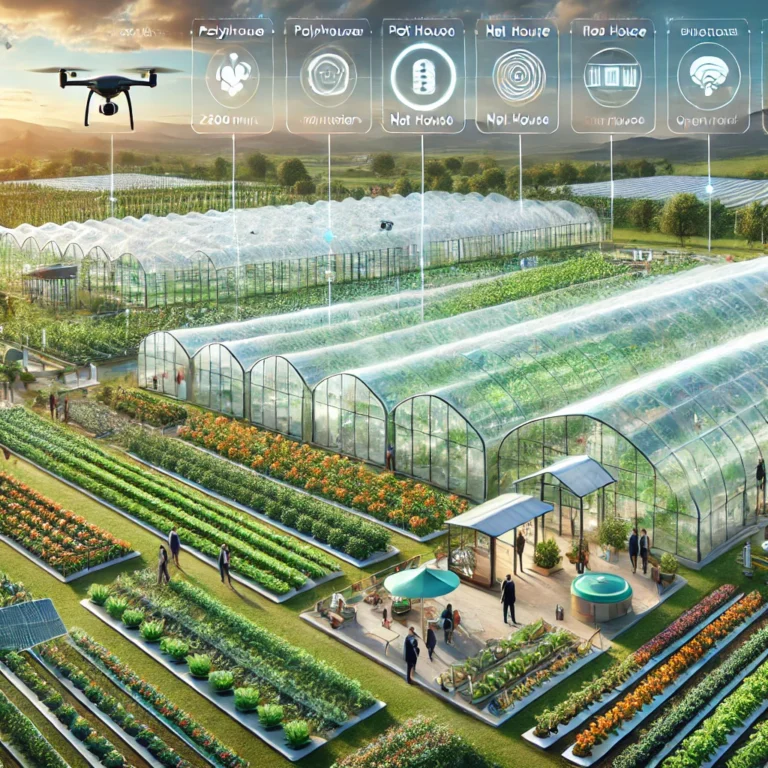 DALL·E 2025-03-02 09.09.46 - A vibrant, modern agri-tech farm with polyhouse, net house, and open field demo areas. The polyhouse is 2500 sq